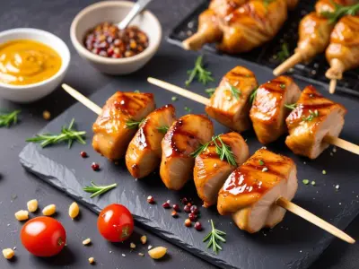 Brochettes de poulet miel-moutarde et graines de sésame