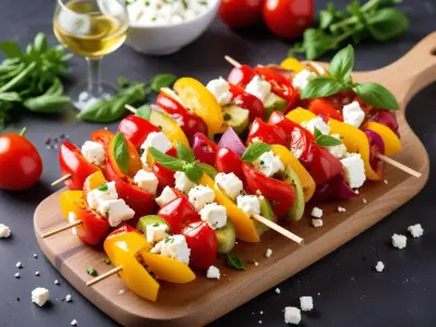 Brochettes de poivrons multicolores et feta marinée