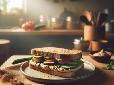 Sandwich au pain complet, houmous et crudités