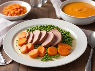 Rôti de Porc au Lait, Purée de Carottes et Petits Pois