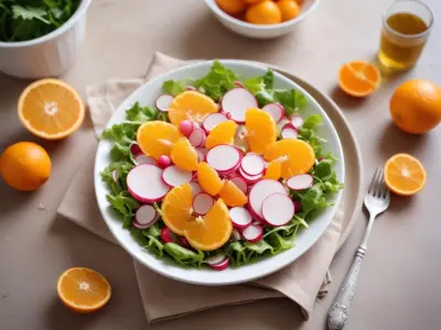 Salade tiède de jeunes pousses, radis croquants et vinaigrette à l’orange