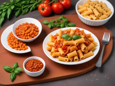 Mezzi Rigatoni aux Légumes, Sauce Tomate et Lentilles Corail