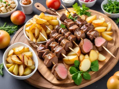 Brochettes d'agneau marinées, pommes de terre nouvelles au four, salade verte