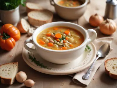 Soupe printanière aux légumes nouveaux et pain de campagne