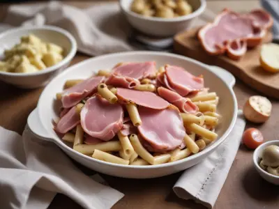 Pâtes au jambon grillé et champignons de Paris