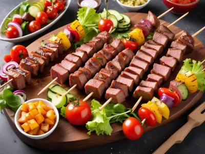 Barbecue : Brochettes de viande, salades composées et légumes grillés