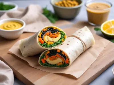 Wrap végétarien aux lentilles épicées, patate douce rôtie, épinards et sauce tahini au citron