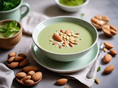 Velouté vert d'ortie et amandes fraîches