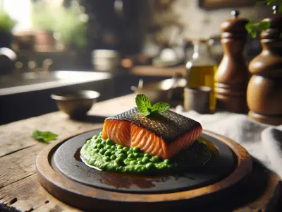 Saumon à la plancha, purée de petits pois à la menthe