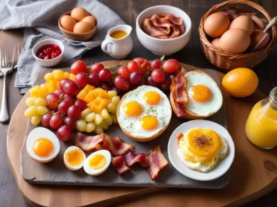 Brunch : Oeufs brouillés, bacon, pain grillé, fruits frais
