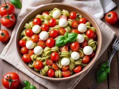 Salade de Pâtes Complètes au Pesto, Tomates Cerises et Mozzarella