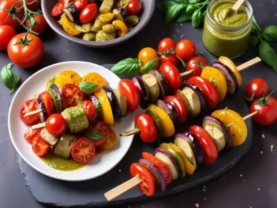Brochettes de poivrons, aubergines et tomates cerises au pesto