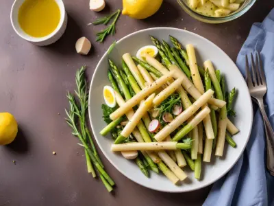 Salade printanière aux pâtes, asperges et vinaigrette citronnée