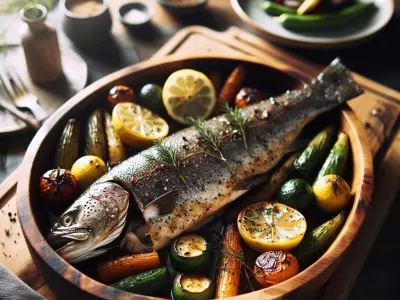 Truite au four, farcie aux herbes et citron, accompagnée de légumes d'hiver rôtis