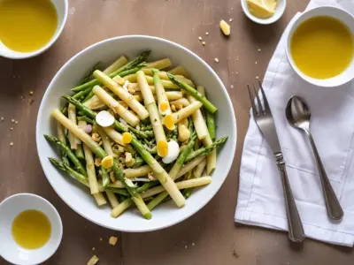 Salade de printemps aux pâtes, asperges et vinaigrette citronnée