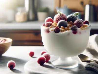 Yaourt grec avec granola et fruits rouges surgelés