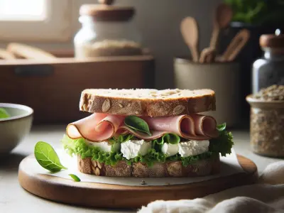 Sandwich au pain complet avec jambon de pays, fromage de chèvre frais et mâche