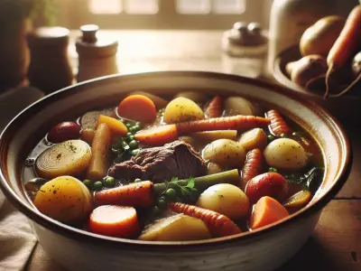 Pot-au-feu de légumes racines et boeuf, bouillon parfumé aux herbes