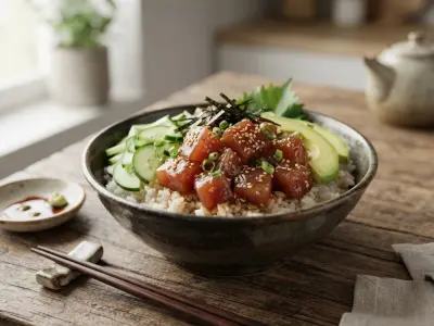 Bowl de riz, thon, concombre et sauce soja