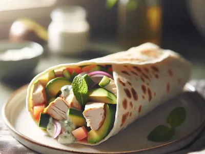 Wrap au poulet rôti, avocat, crudités et sauce yaourt-menthe