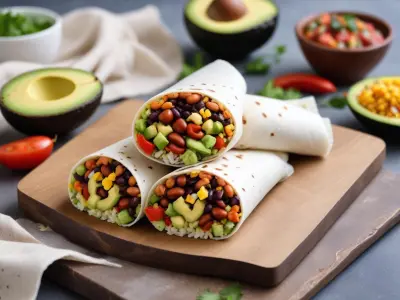 Wrap Tex-Mex aux Haricots Noirs, Riz aux Épices, Avocat, Maïs Grillé et Salsa Fraîche