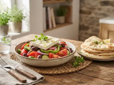 Salade grecque traditionnelle et ses pains pita moelleux