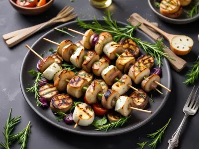 Brochettes de champignons et halloumi grillé aux herbes