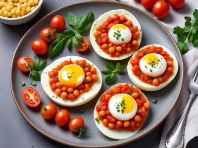 Oeufs Pochés aux Pois Chiches et Purée de Tomates