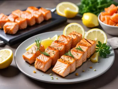 Brochettes de saumon à l’aneth et citron grillé