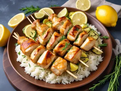 Brochettes de poulet mariné au citron et herbes, riz basmati et courgettes grillées