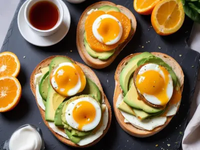 Brunch : Tartines d'avocat, œufs brouillés et jus d'orange frais