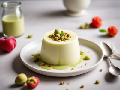 Panna cotta à la rhubarbe rôtie et éclats de pistache