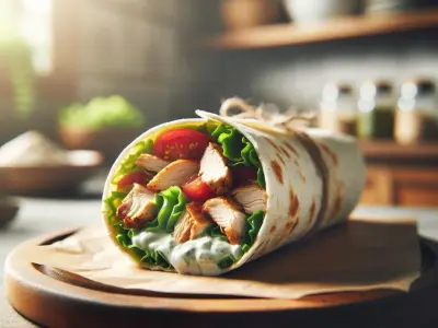 Wrap au poulet rôti, crudités et sauce au yaourt
