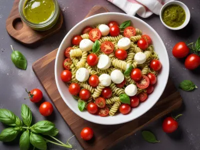 Salade de Pâtes au Pesto, Tomates Cerises et Mozzarella