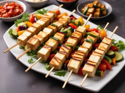 Brochettes de tofu fumé et légumes marinés au soja