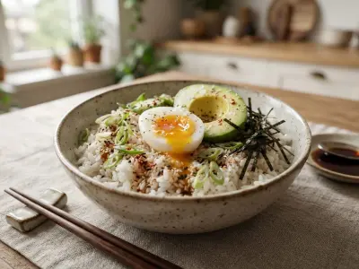 Bowl de riz, oeuf mollet et avocat, sauce soja et sésame