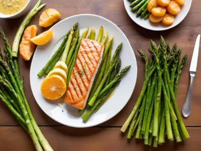 Asperges vertes grillées, saumon et pommes de terre nouvelles