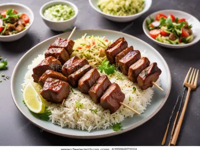Brochettes de boeuf marinées, riz basmati et salade verte