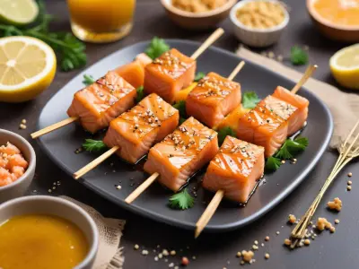 Brochettes de saumon au miel et sésame