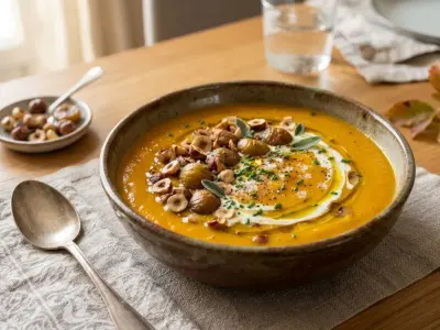 Velouté de potimarron rôti aux éclats de châtaignes et noisettes
