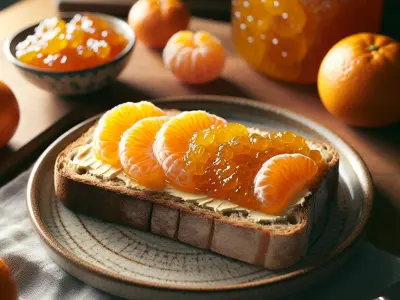 Pain complet avec beurre et confiture d'hiver (orange, clémentine)