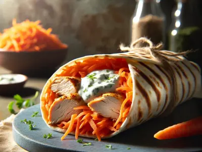 Wrap de poulet rôti, carottes râpées, et sauce au yaourt et herbes