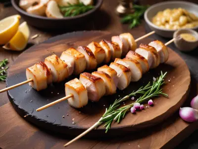 Brochettes de Saint-Jacques enrobées de lard fumé et ail grillé