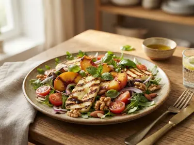Salade de halloumi grillé aux pêches rôties