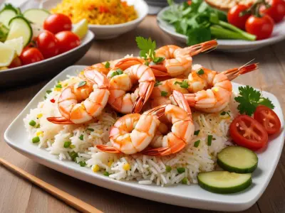 Brochettes de crevettes grillées avec riz basmati et légumes sautés