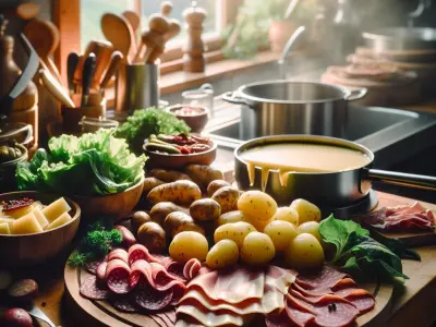 Raclette party avec charcuterie, pommes de terre, cornichons et salade verte