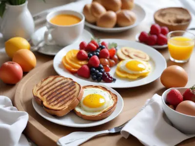 Brunch : pain grillé, œufs brouillés, fruits frais