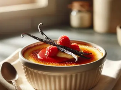 Crème brûlée à la vanille de Madagascar et coulis de fruits rouges