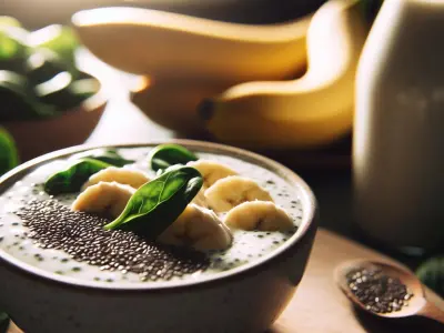 Smoothie banane, épinards, lait d'amande et graines de chia
