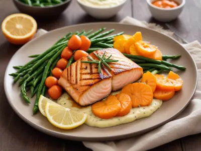 Saumon Grillé, Purée de Carottes Nouvelles et Haricots Verts
